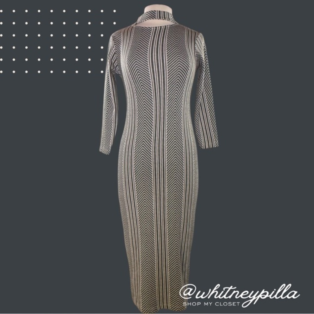 ASOS Bodycon Grey White Striped Midi Dress Long Sleeve High Neck cutout size 6